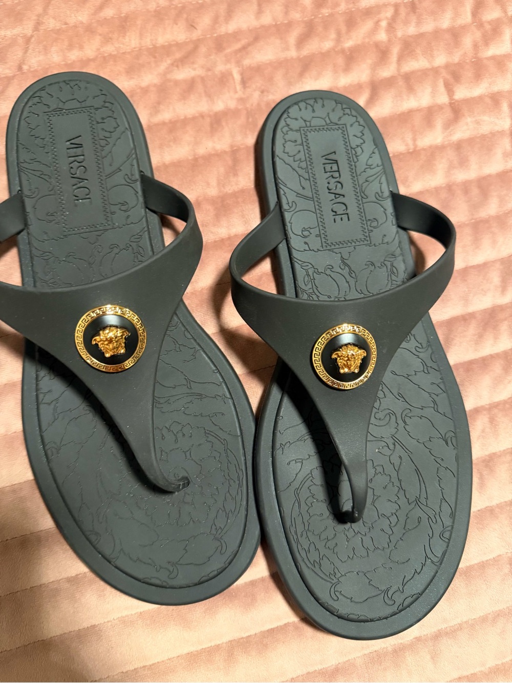 Versace Black Flip Flops with Gold Medusa Emblem